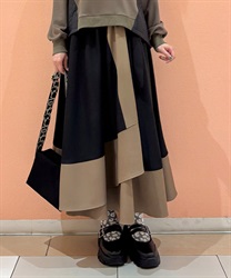 飾りベルト付配色ラップスカート(黒-F)