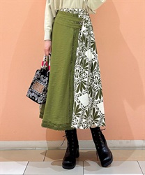 アシメ飾りベルトリーフ柄スカート(カーキ-F)