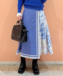 アシメエスニック柄スカート(ブルー-F)