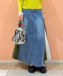 デニム異素材切替ロングスカート(カーキ-F)