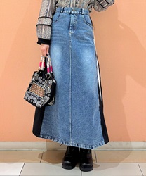 デニム異素材切替ロングスカート(黒-F)