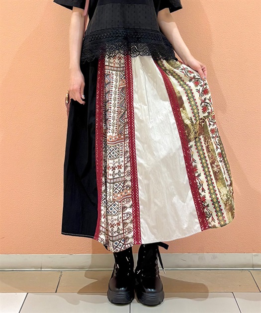 レース使いパッチワークスカート(赤-F)