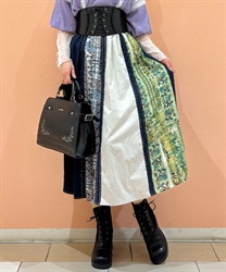 レース使いパッチワークスカート(グリーン-F)