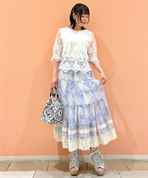 ぼかし柄刺繍ティアードスカート(ブルー-F)