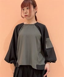 バルーン袖異素材切り替えプルオーバー(チャコール-F)