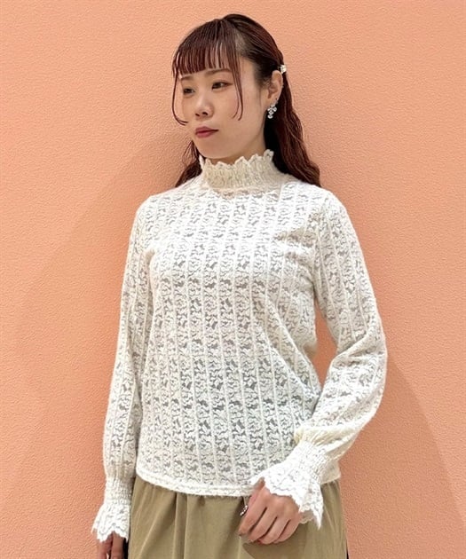 起毛ストライプ×花レースプルオーバー