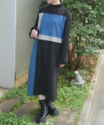 配色スエードワンピース(ブルー-F)
