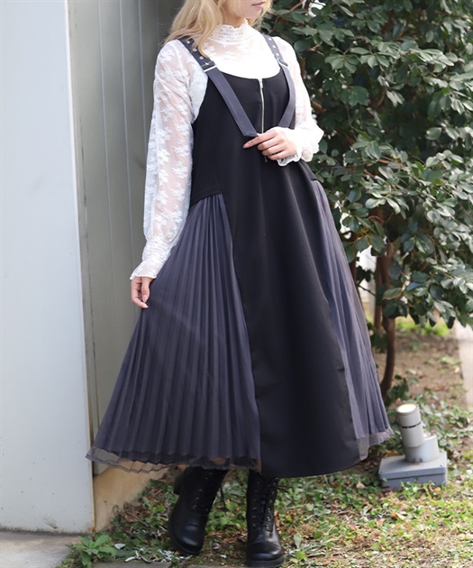 サイドプリーツジャンパースカート【二次予約】(黒-F)