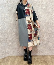 パッチワークシャツワンピース【二次予約】(黒-F)