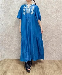 刺繍スキッパーマキシワンピース(ブルー-F)