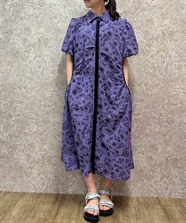 花柄シャーリングシャツワンピース(パープル-F)