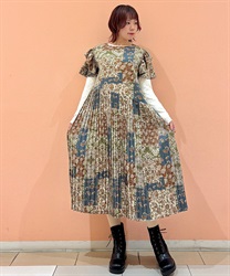 パッチワークエスニック柄ワンピース(カーキ-F)