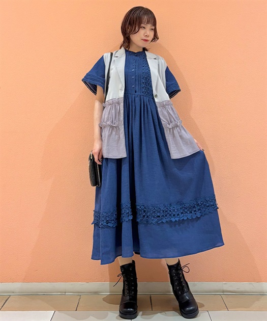 レース使いギャザーワンピース(紺-F)