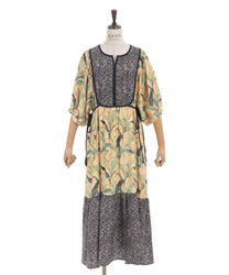 リーフ柄パッチワークワンピース(イエロー-F)