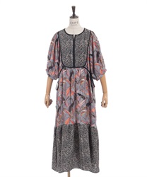 リーフ柄パッチワークワンピース(グレー-F)