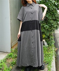 配色ロングシャツワンピース(グレー-F)