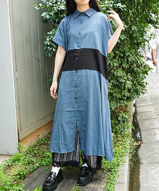 配色ロングシャツワンピース
