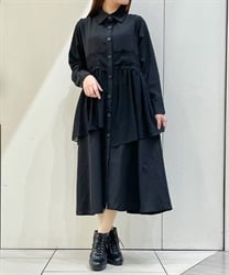 レースフリル重ねシャツワンピース(黒-F)