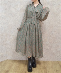 ボウタイデザイン総柄ワンピース【2点10%OFF対象商品】(グリーン-F)