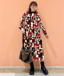 総柄アシメティアードワンピース【期間限定価格】(赤-F)