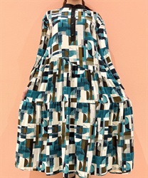 総柄アシメティアードワンピース【期間限定価格】(グリーン-F)