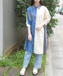 ブロッキングシャツワンピース(ブルー-F)