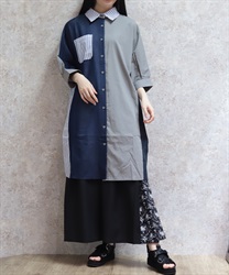 ブロッキングシャツワンピース(紺-F)
