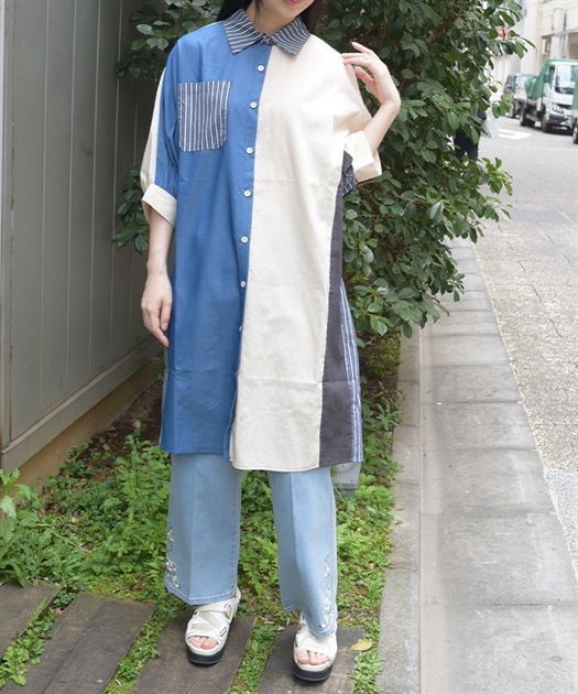 ブロッキングシャツワンピース