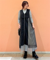 チュール切替ロングベスト(黒-F)