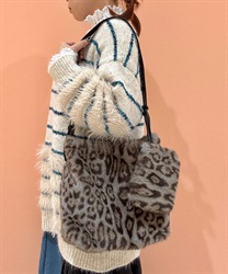 ポーチ付ヒョウ柄ファーバッグ(グレー-F)