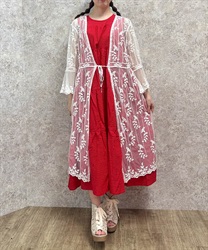 チュール刺繍ロングカーデ【2点10%OFF対象商品】(白-F)