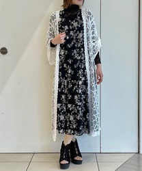 花柄刺繍チュールロングカーデ(白-F)