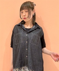 デニムシフォン切替シャツ(黒-F)