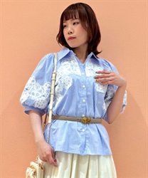 レース使いストライプシャツ(ブルー-F)