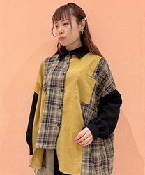 チェック柄パッチワークシャツ(イエロー-F)