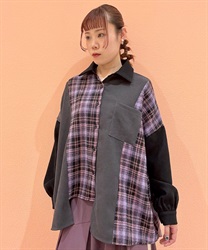 チェック柄パッチワークシャツ(チャコール-F)