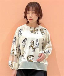 シアー切替ホース柄ブラウス(生成り-F)