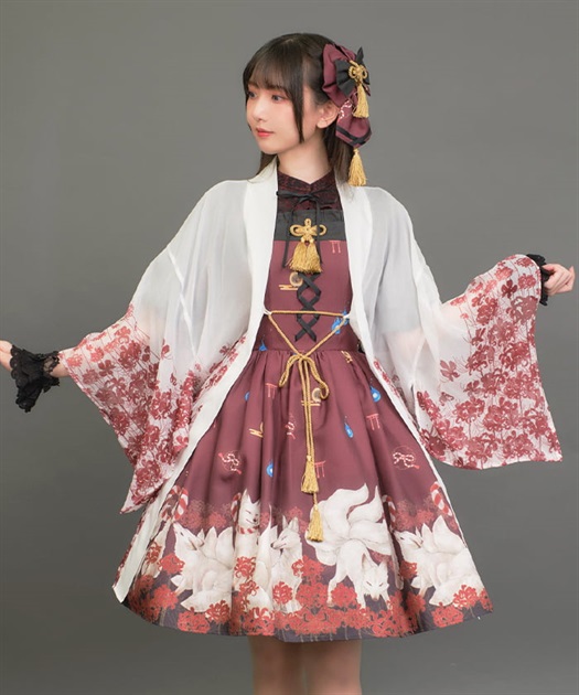 axes femme kawaii 彼岸花羽織 axes femme kawaii 彼岸花柄 シアー 着物 風 羽織