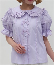 トーションレース丸襟半袖ブラウス(ラベンダー-M)