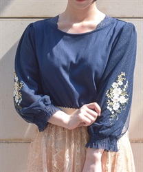 チュール×フラワー刺繍プルオーバー(紺-F)