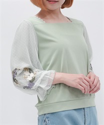 チューリップ刺繍七分袖プルオーバー(グリーン-F)