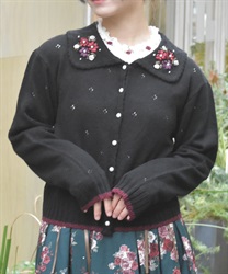 フラワーリボン刺繍ニットカーディガン(黒-F)