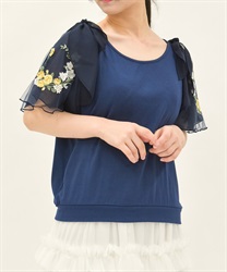 チュール×刺繍フレア袖プルオーバー(紺-F)