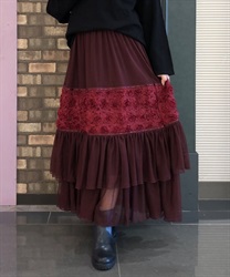 ジップアップドレス/チュール袖/刺繍/布ベルト/シアー/スリット