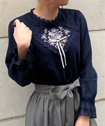 リボン付薔薇刺繍プルオーバー(紺-F)