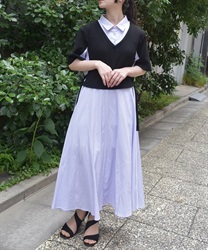 重ね着風ストライプシャツワンピース(黒-F)