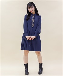 ネクタイ付プリーツシャツワンピース(紺-M)