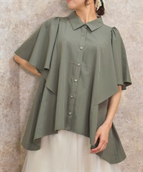 ケープ風フレア袖ロングシャツ(カーキ-F)