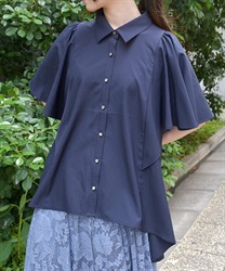 ケープ風フレア袖ロングシャツ(紺-F)
