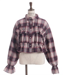 起毛チェックフリルシャツ(ワイン-F)